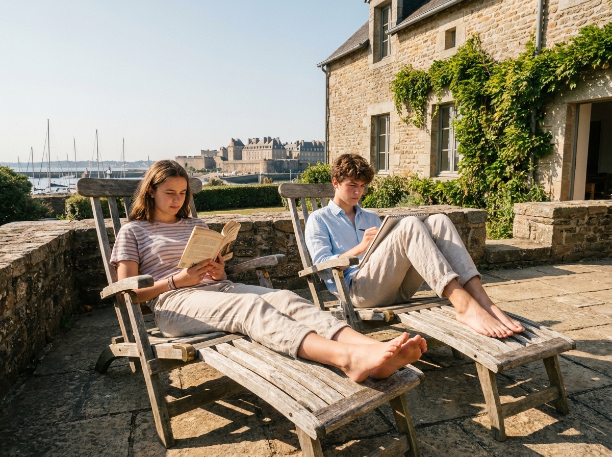 Deux adolescents détendus dans jardin de maison familiale à Saint-Malo avec vue sur la ville fortifiée et le port