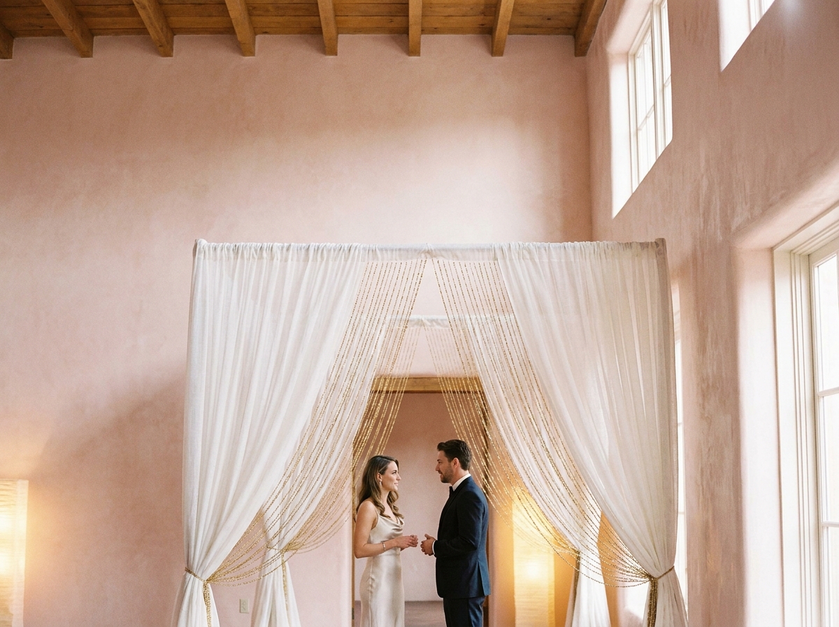 portique d'entrée salle mariage drapé tissu blanc perlage doré ambiance élégante