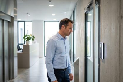 Homme en tenue professionnelle consultant un clavier de sécurité numérique moderne à l'entrée d'un bâtiment à Angers