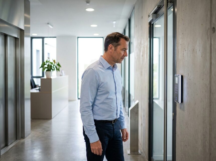 Homme en tenue professionnelle consultant un clavier de sécurité numérique moderne à l'entrée d'un bâtiment à Angers