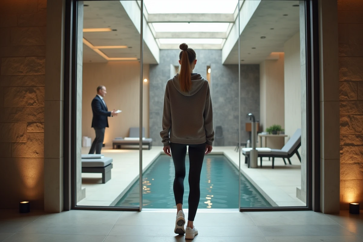 Femme accédant au spa luxueux d'une station de montagne haut de gamme avec architecture contemporaine et finitions haut de standing