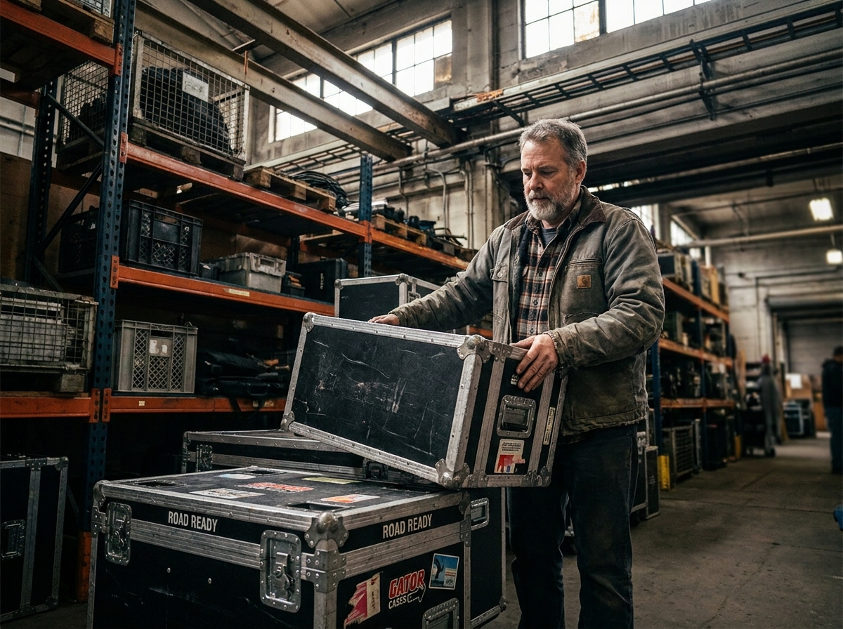 Responsable équipement empilant des flight cases d'occasion dans un entrepôt de stockage pour tournée musicale