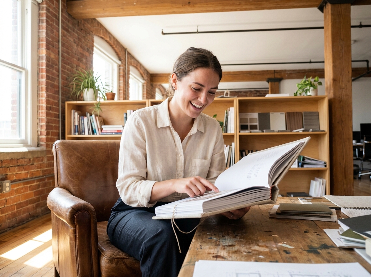 Jeune entrepreneur découvrant une brochure imprimée bien reliée dans un bureau startup créatif