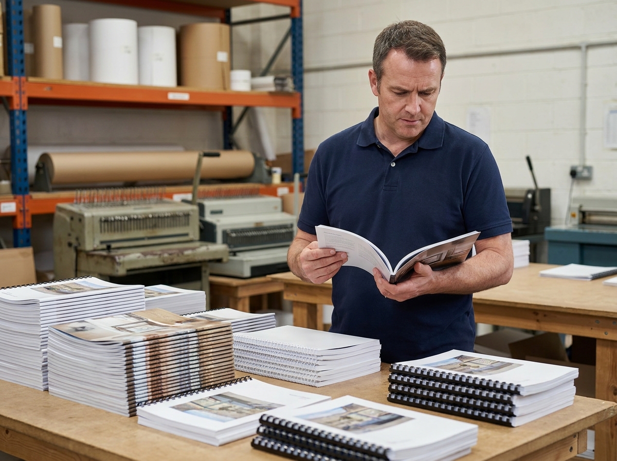 Propriétaire de petite entreprise dans une imprimerie examinant des brochures avec reliure parfaite et spirale pour optimiser son budget
