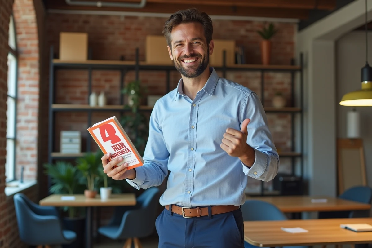 Entrepreneur tenant La Semaine de 4 heures dans un espace de coworking moderne