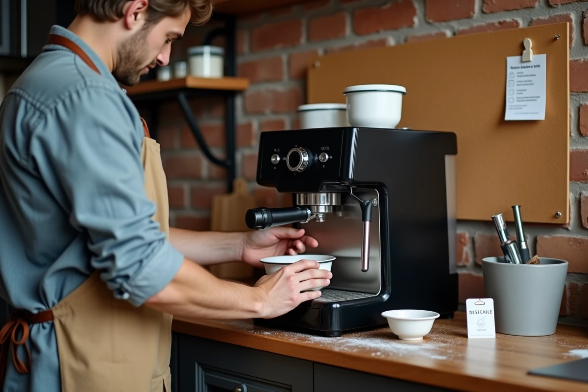 Personne en tablier réalisant le détartrage d'une machine à expresso semi-automatique avec un sachet de produit détartrant et un bassin récupérateur