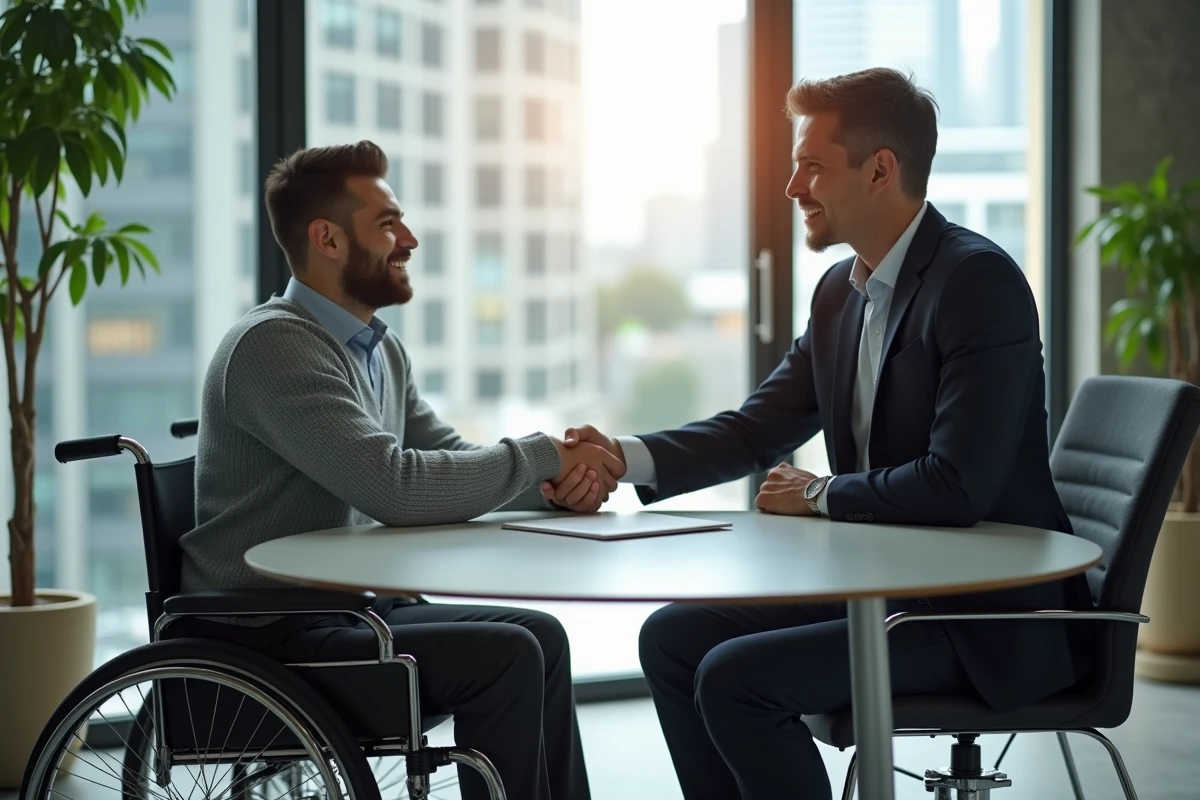Homme en fauteuil roulant lors d'un entretien d'embauche inclusif dans une salle de réunion moderne