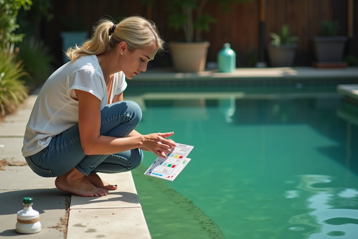 Une propriétaire teste la qualité de l'eau d'une piscine mal entretenue présentant une eau verdâtre et des algues