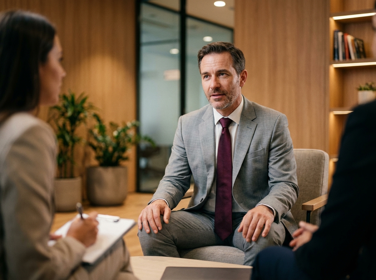 Cadre dirigeant en entretien de recrutement, illustration des cinq critères de sélection par cabinet de recrutement
