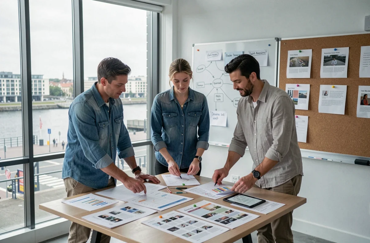Équipe d'une agence de community management en réunion de stratégie digitale dans un espace de coworking des Pays de la Loire