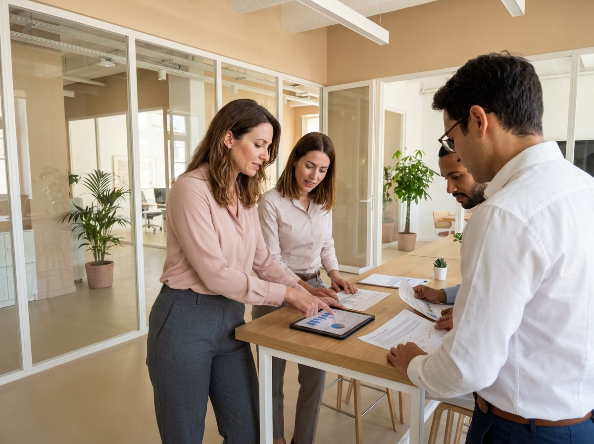 Équipe de gestionnaires d'assurance collaborant autour des données CRM et rapports de performance