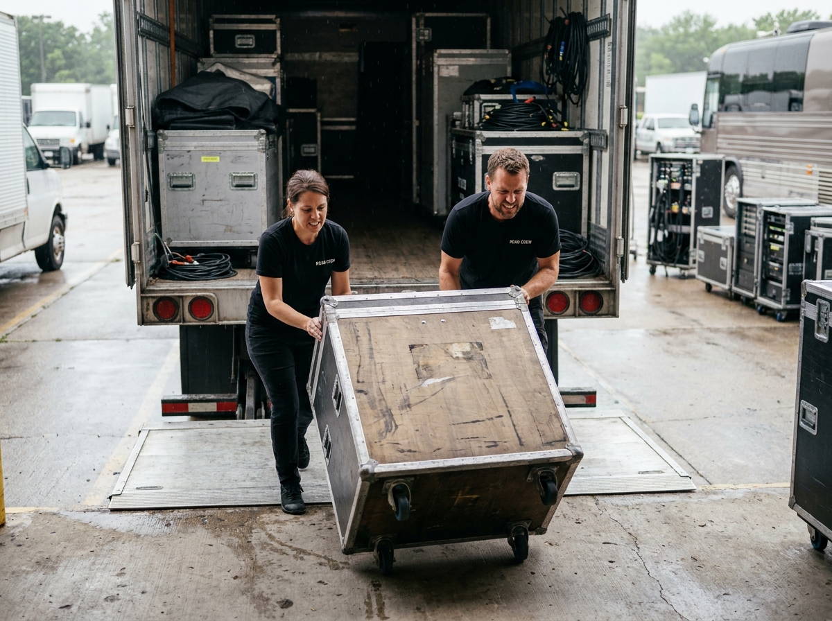 Équipe de tournée chargeant des flight cases d'occasion dans un camion de transport professionnel