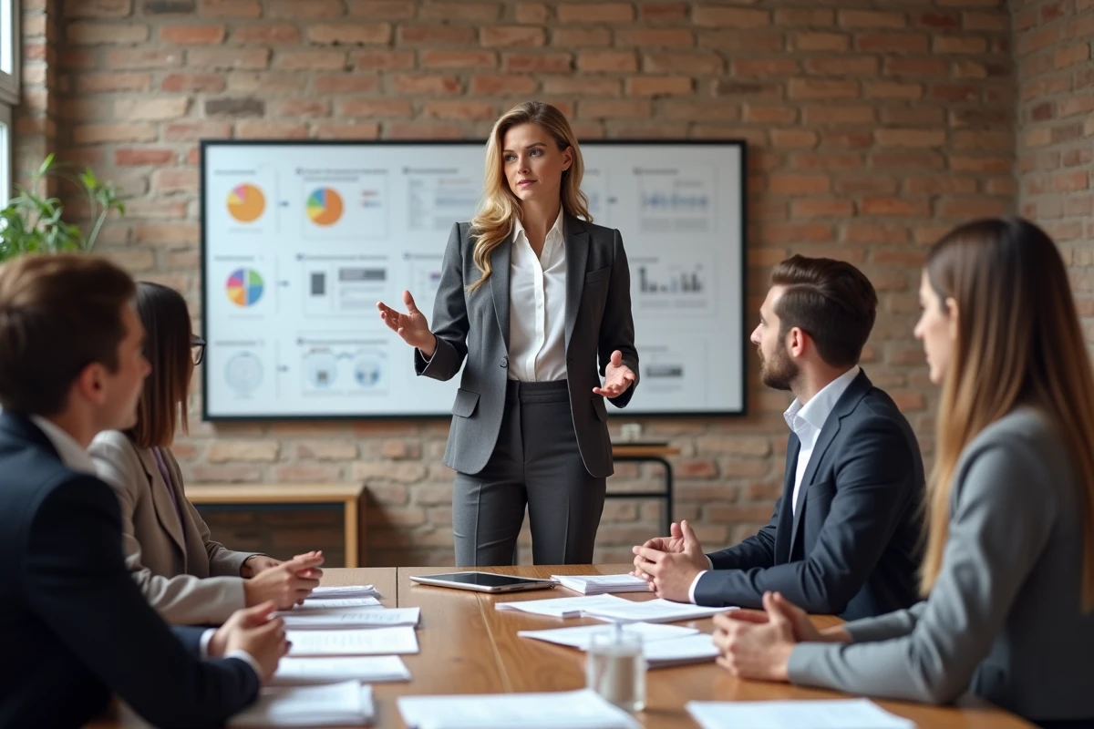 Équipe de consultants SEO à Rennes en réunion stratégique avec tableaux et documents d'analyse