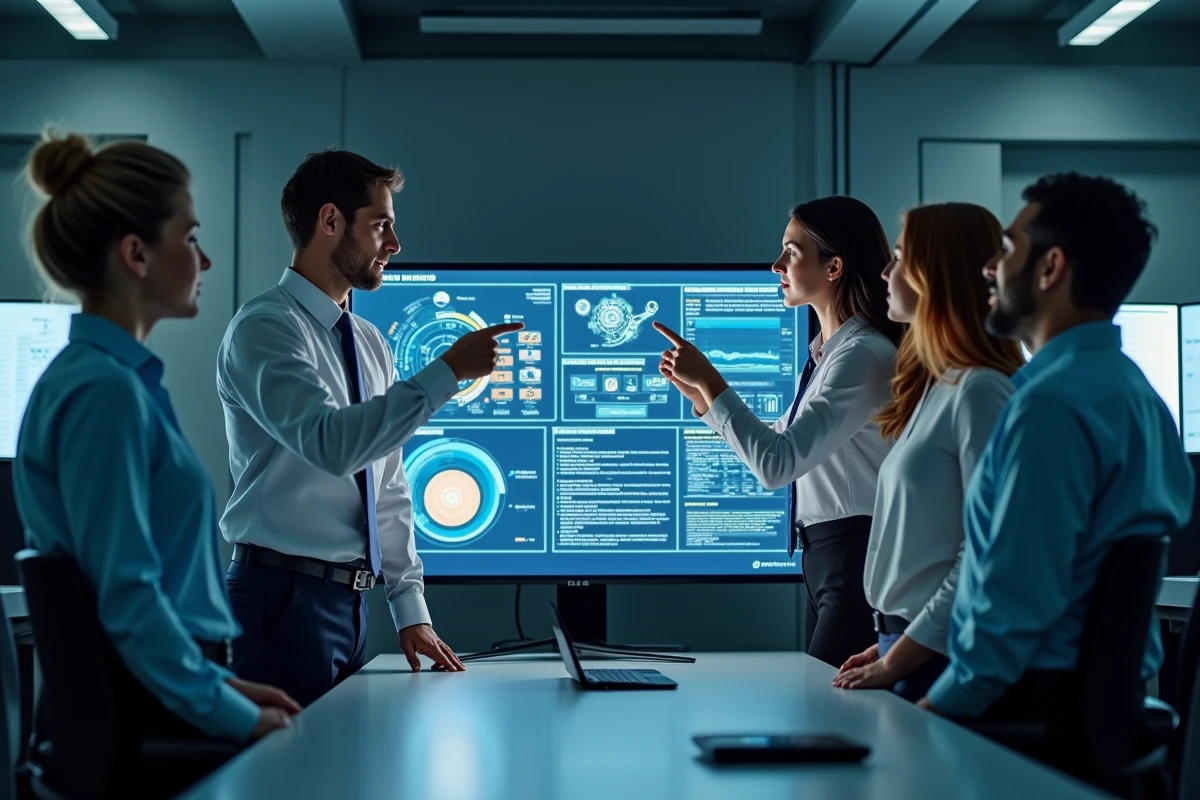 Équipe d'intervention en crise coordonnant une réponse d'urgence via tableau de bord digital lors des premières minutes critiques
