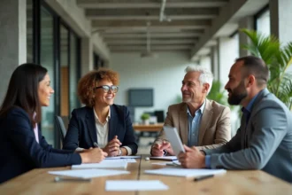 Équipe multiculturelle en réunion dans un bureau inclusif et moderne