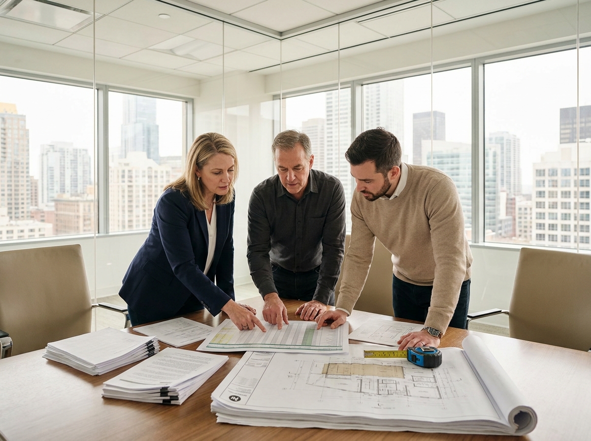 Équipe de gestionnaires immobiliers collaborant autour de plans et documents d'évaluation, montrant l'importance du travail collectif et de l'expertise dans la gestion de parcs immobiliers