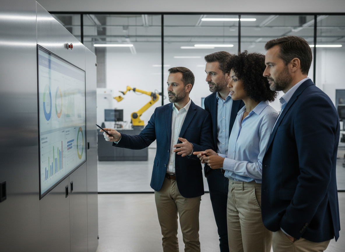 Groupe d'ingénieurs divers analysant un tableau digital