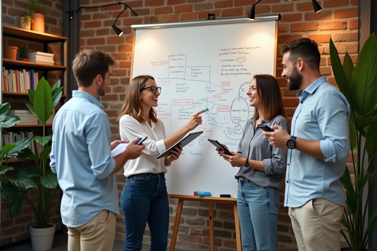 Groupe de collaborateurs en réflexion collective devant un tableau blanc lors d'une session de coaching d'équipe en entreprise