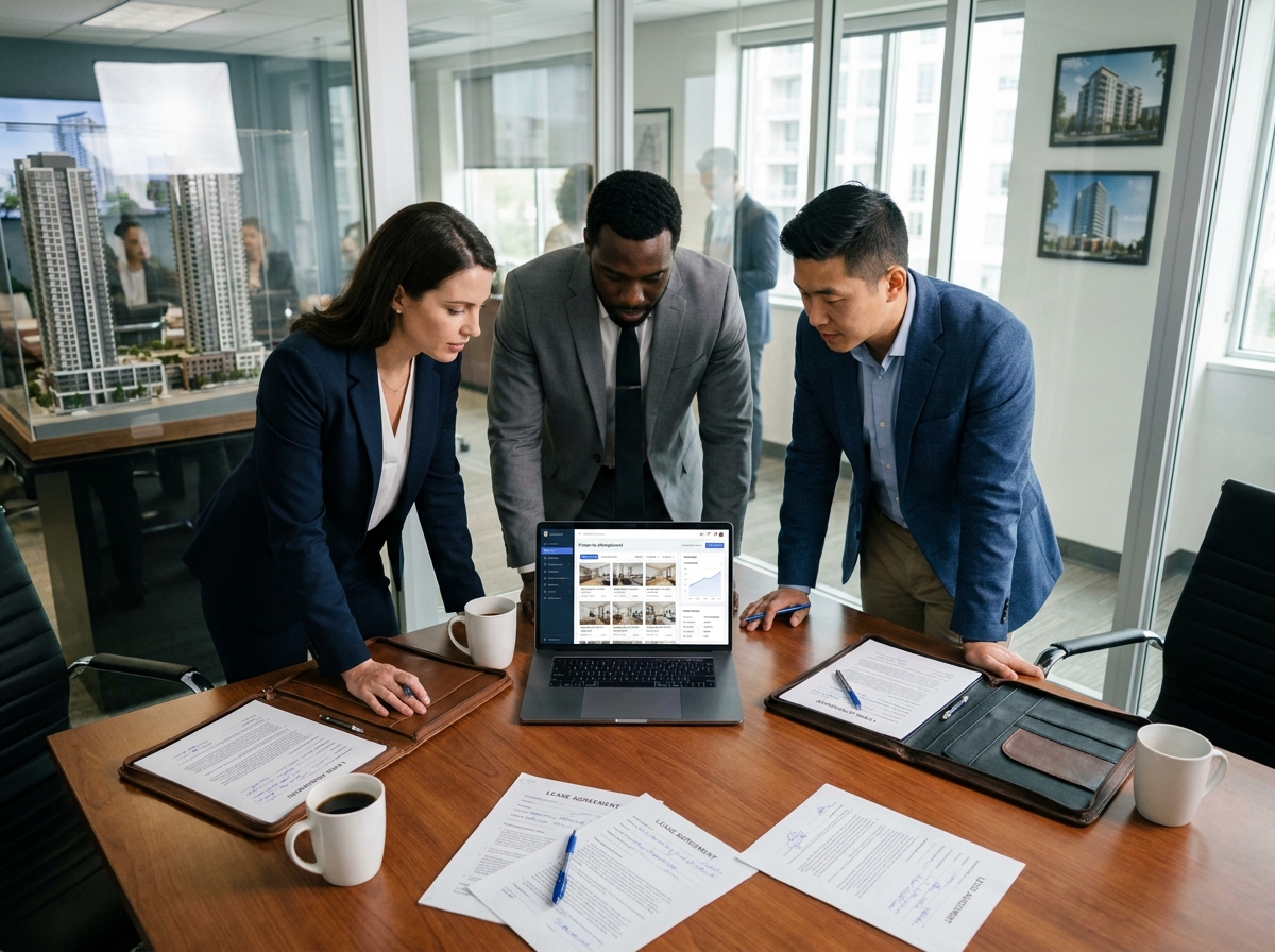 Équipe de professionnels immobiliers en réunion d'étude de dossiers et logiciel de gestion de parc immobilier autour d'une table de conférence