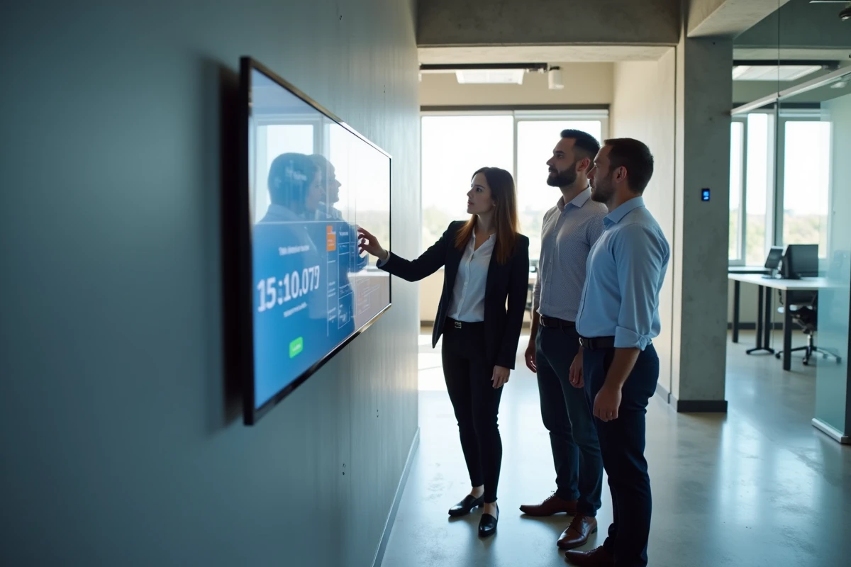 Groupe d'employés découvrant un système de pointage horaire simple et intuitif dans un couloir de bureau