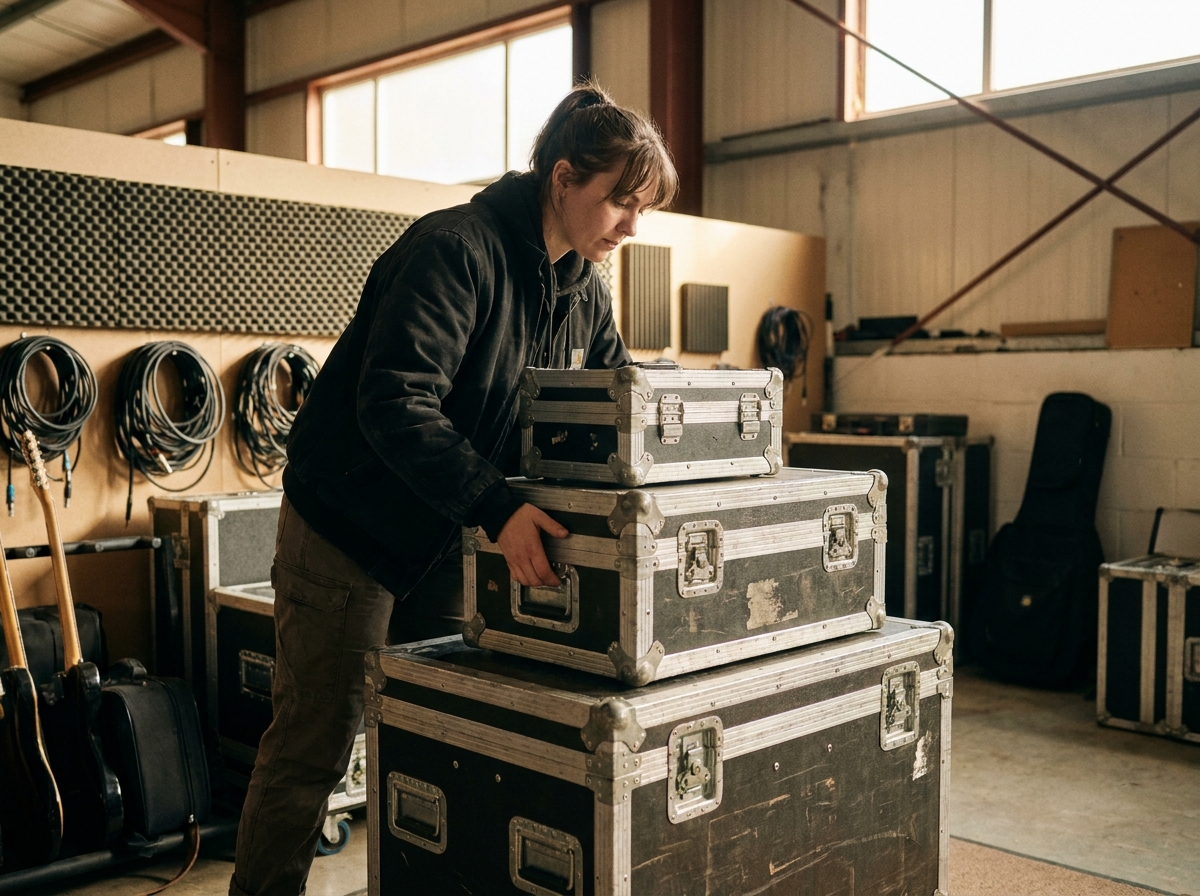 Membre d'équipe de tournée empilant flight cases d'occasion en studio de répétition, organisation matériel professionnel