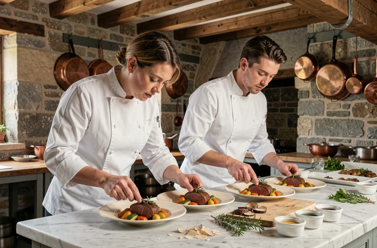 Équipe de traiteur mariage en Dordogne dressant des assiettes de confit de canard dans une cuisine en pierre d'un manoir périgourdin