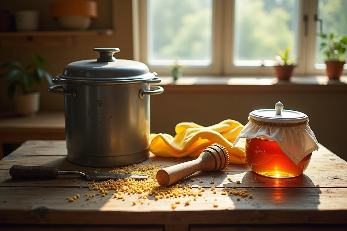 Matériel apicole essentiel disposé sur table: enfumoir, gants, voile et outils de ruche