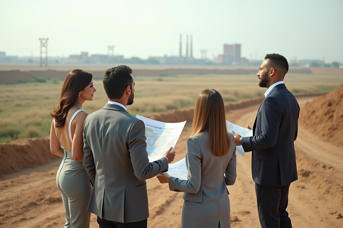Equipe diversifiee sur le terrain avec plans et terrain vacant