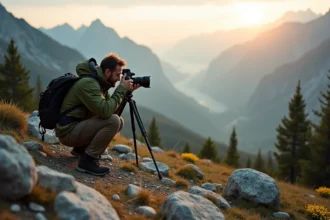 Photographe professionnel en montagne avec trépied, illustrant les erreurs à éviter en photographie de paysage