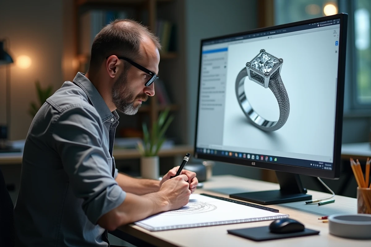 Un designer joaillier comparant une esquisse au crayon et une modélisation 3D sur ordinateur d'une bague de fiançailles sur mesure