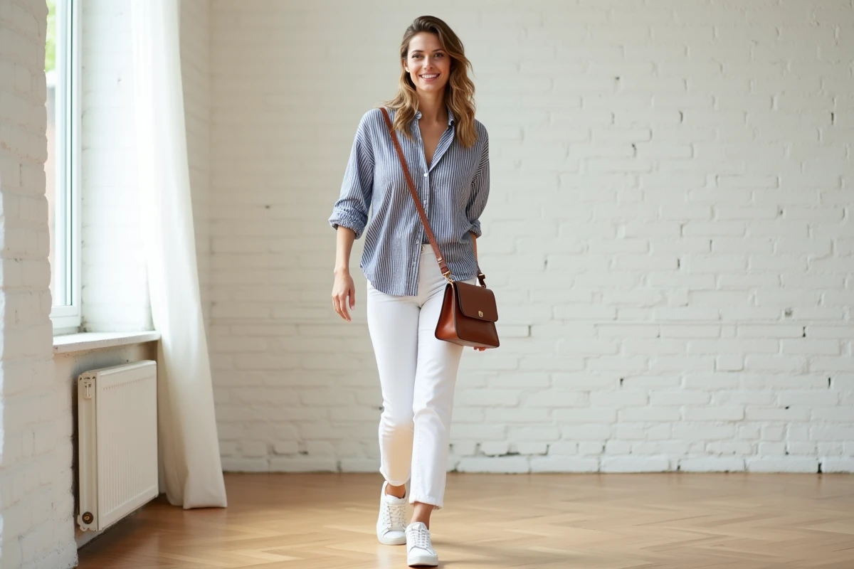 femme en chemise rayée navy et blanc avec jeans blanc dans studio avec brique blanche