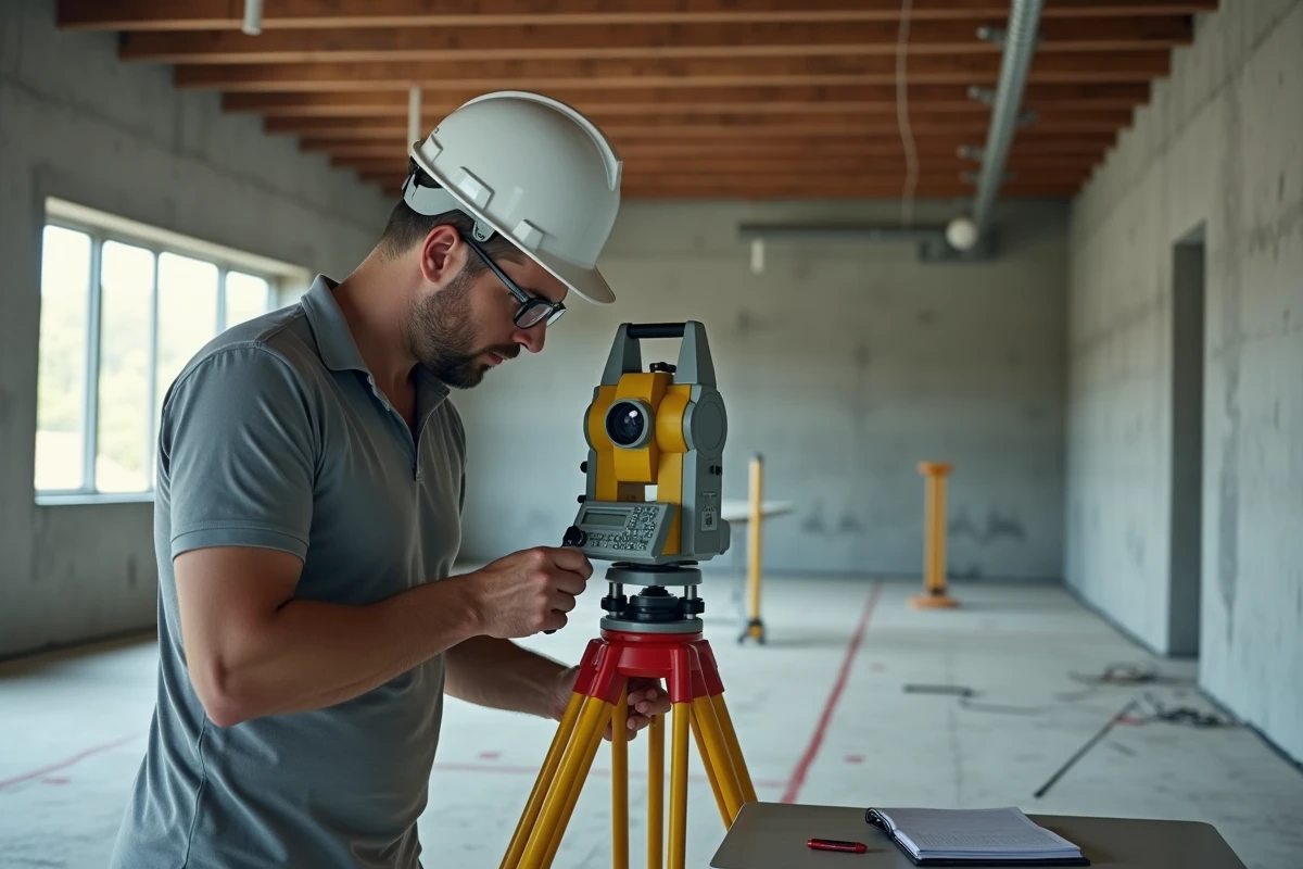 Technicien opérant un appareil de mesure topographique sur trépied lors des étapes techniques d'un relevé architectural