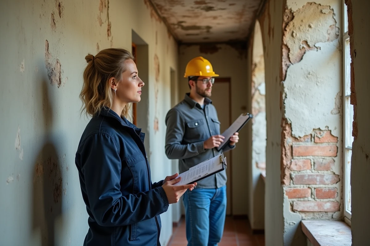 Deux professionnels inspectant un mur humide et fissuré lors d'un état des lieux architectural avant travaux