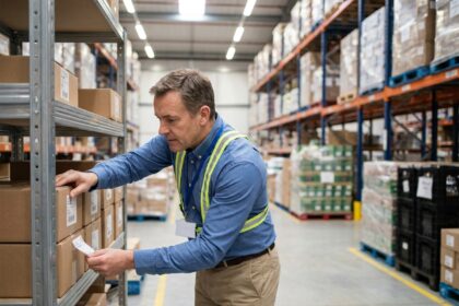 Responsable logistique appliquant des étiquettes adhésives blanches sur des cartons dans un entrepôt moderne avec rayonnages métalliques