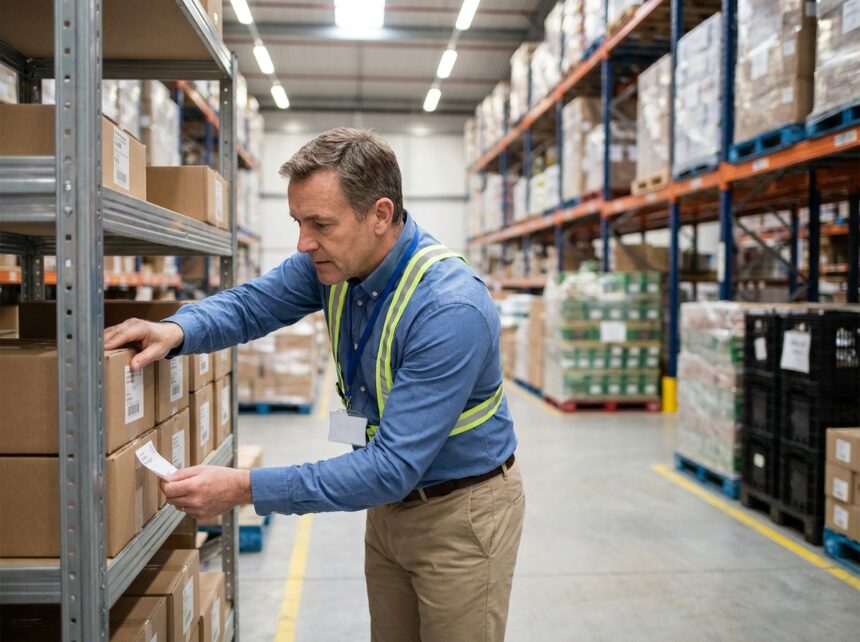Responsable logistique appliquant des étiquettes adhésives blanches sur des cartons dans un entrepôt moderne avec rayonnages métalliques