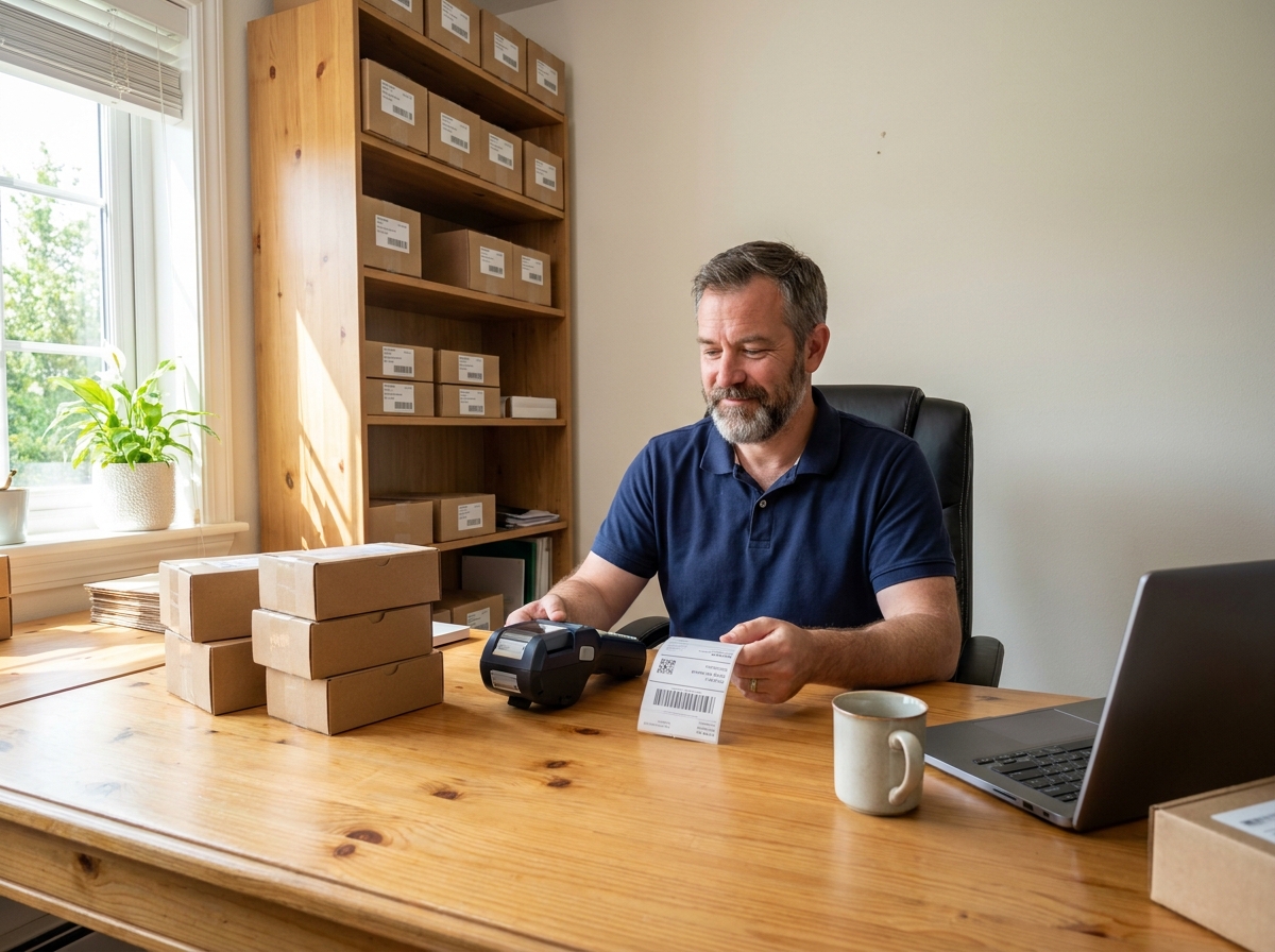 entrepreneur dans un bureau à domicile organisant ses produits avec des étiquettes adhésives et une machine d'étiquetage
