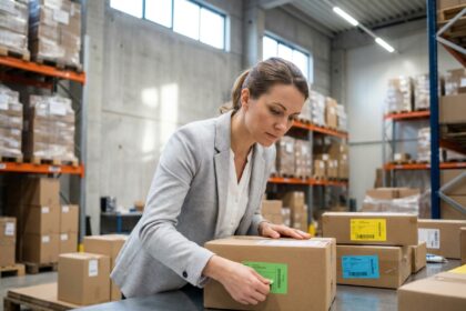 gestionnaire logistique appliquant des étiquettes adhésives colorées sur des cartons d'expédition dans un entrepôt moderne bien organisé