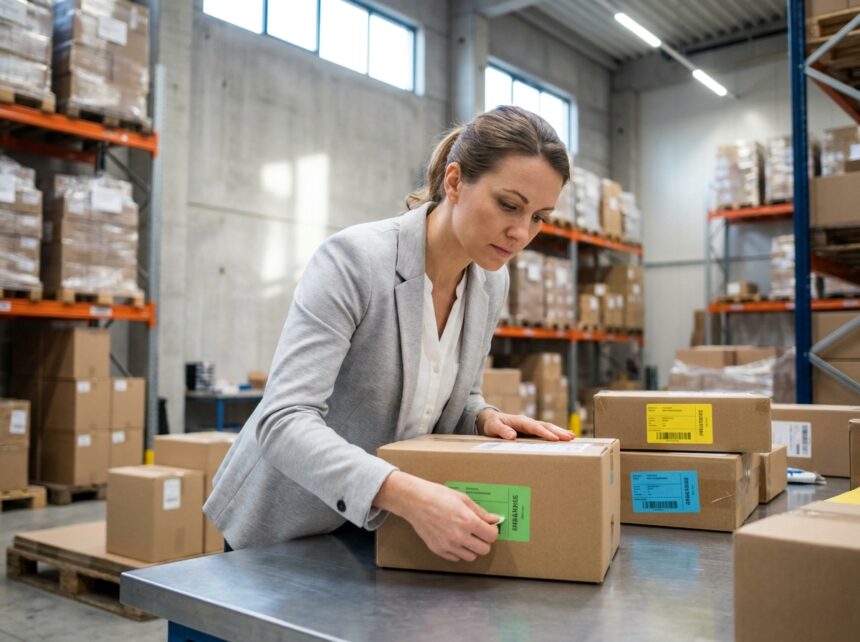 gestionnaire logistique appliquant des étiquettes adhésives colorées sur des cartons d'expédition dans un entrepôt moderne bien organisé