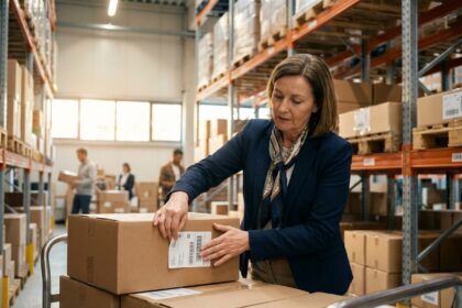 Responsable logistique appliquant des étiquettes adhésives sur des boîtes de carton dans un entrepôt moderne, illustrant l'organisation efficace des stocks et la gestion d'inventaire
