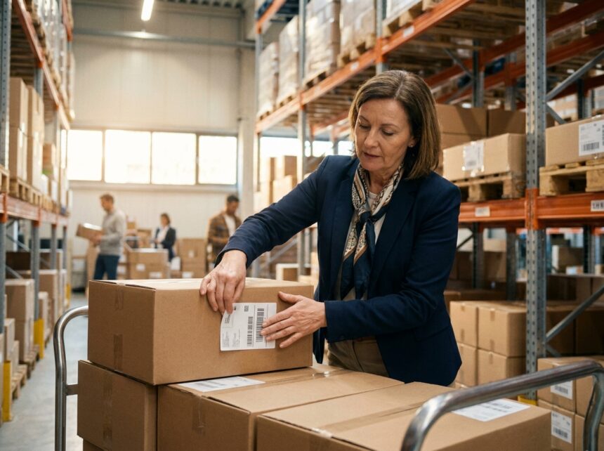 Responsable logistique appliquant des étiquettes adhésives sur des boîtes de carton dans un entrepôt moderne, illustrant l'organisation efficace des stocks et la gestion d'inventaire