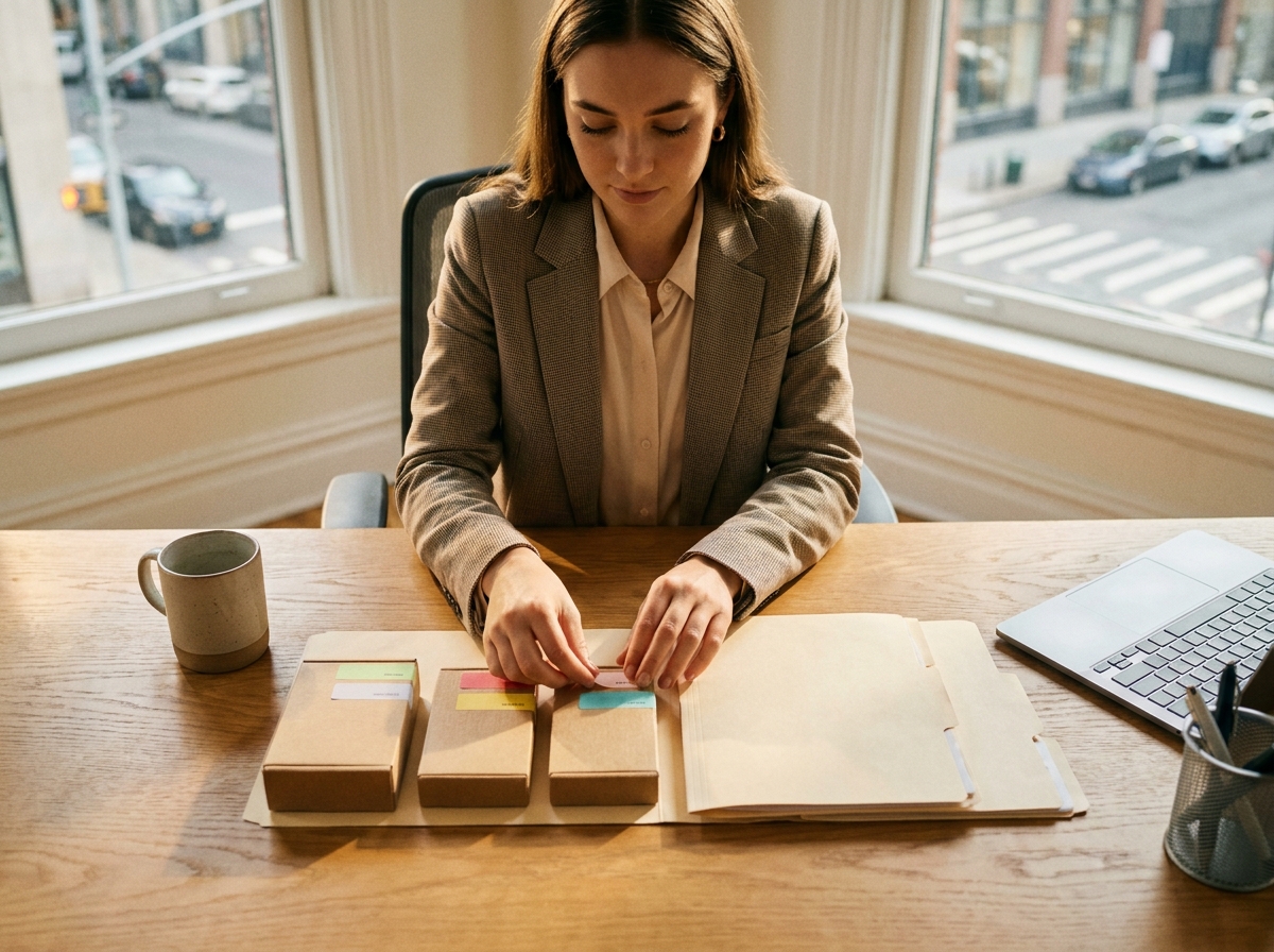 Femme entrepreneur utilisant des étiquettes autocollantes colorées pour organiser des documents et produits sur son bureau de travail
