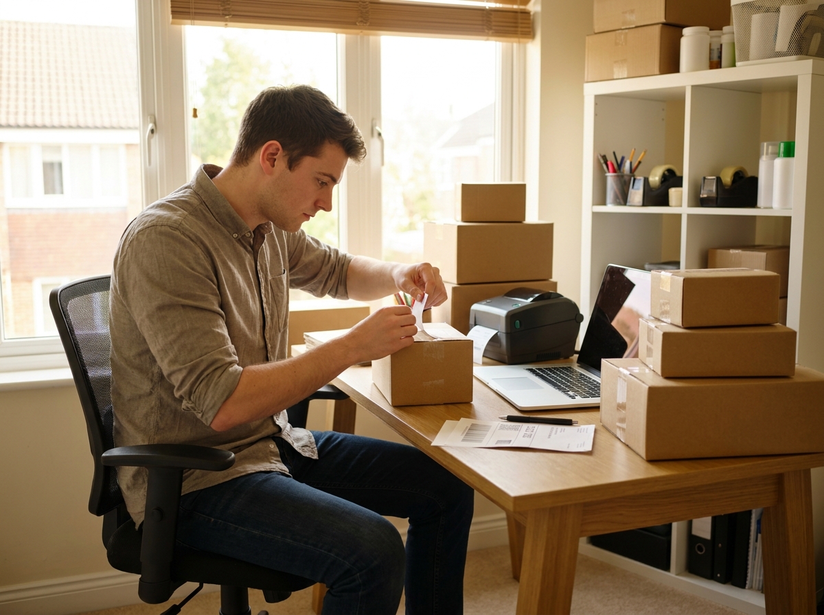 Entrepreneur en petit bureau appliquant des étiquettes adhésives sur des colis d'e-commerce, montrant l'efficacité des solutions d'étiquetage pour les petites entreprises