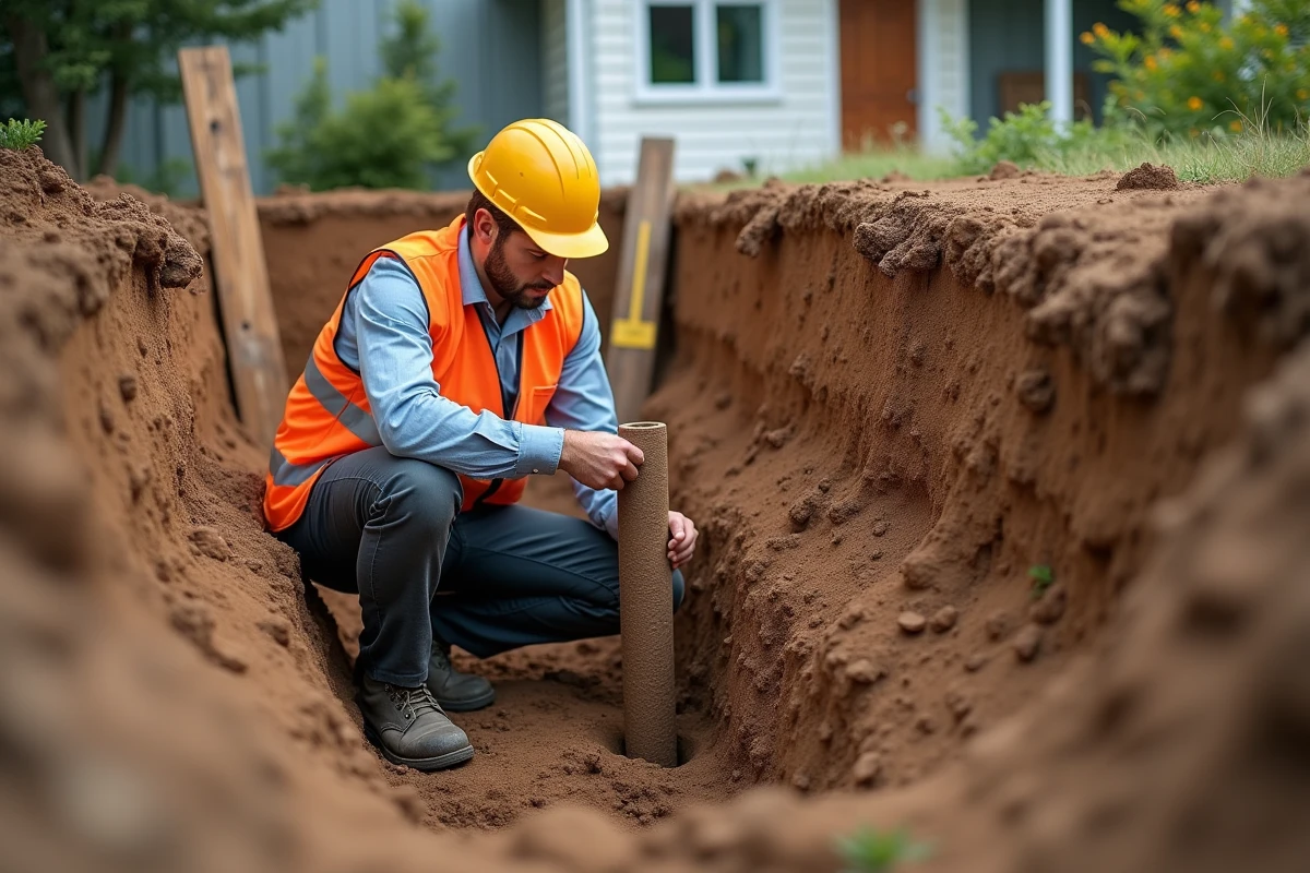 Un géotechnicien examine la stabilité du sol lors d'une étude de terrain avant l'installation d'une piscine