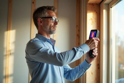architecte effectuant une étude thermique avec caméra thermique dans une maison en rénovation, inspection des murs et isolation