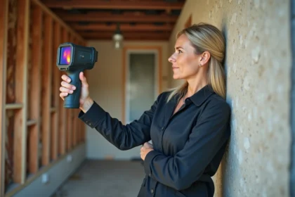 Consultant en efficacité énergétique réalisant une étude thermique avec caméra infrarouge sur une maison résidentielle avant rénovation