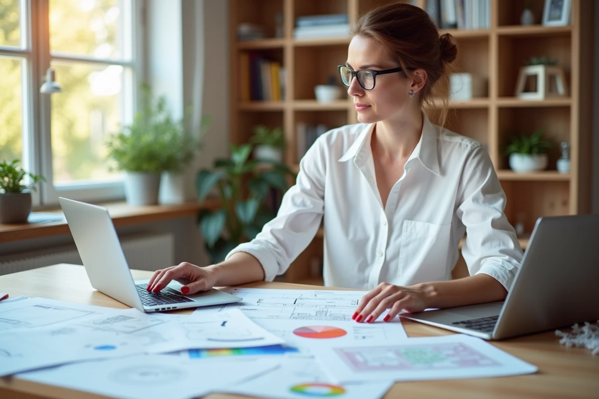 Architecte consultant analysant étude thermique et plans de rénovation énergétique au bureau avec documents techniques et thermographie