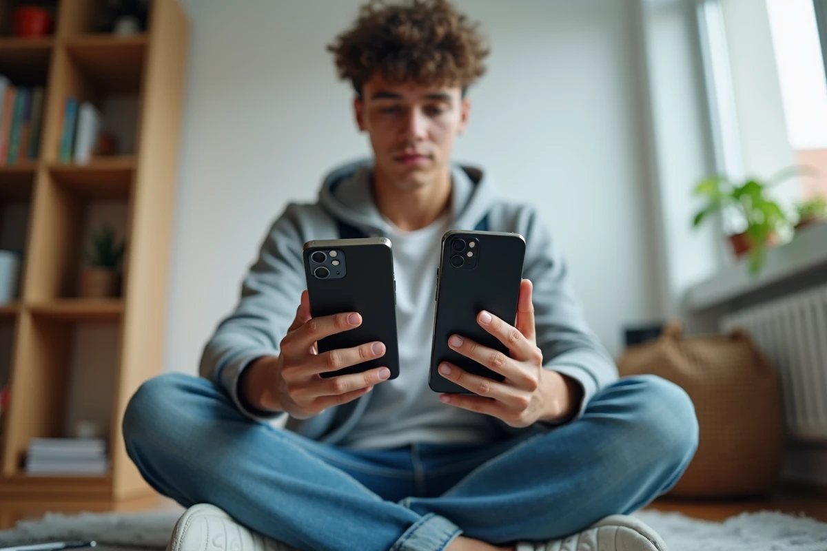 jeune étudiant comparant les caractéristiques techniques de deux téléphones mobiles