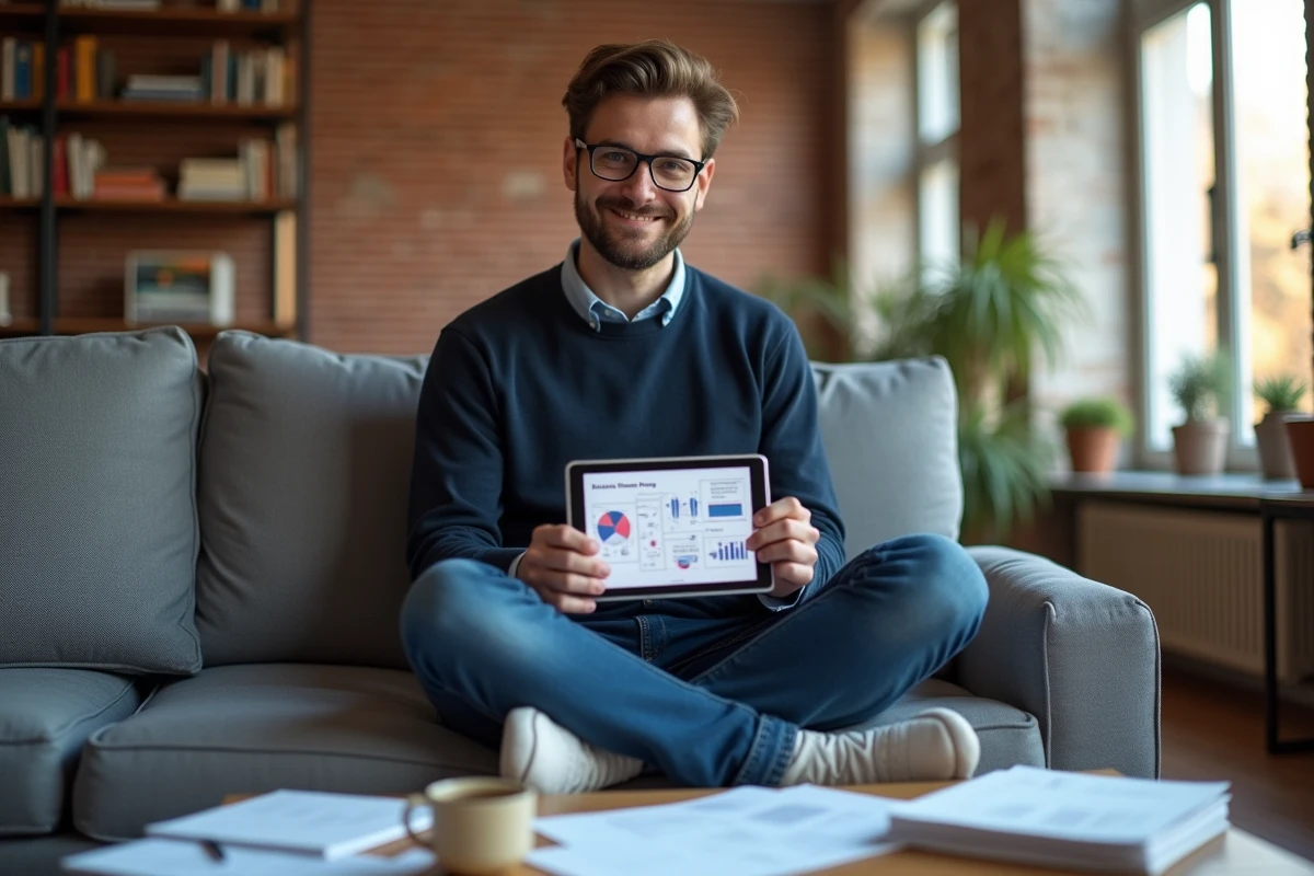 Homme en formation IA assis confortablement avec tablette, étudiant les diagrammes d'apprentissage automatique dans son salon