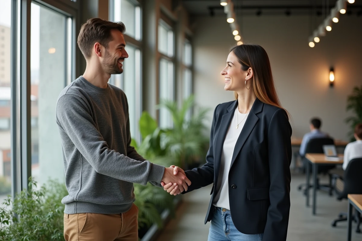 Étudiant serrant la main d'un professionnel lors d'un événement de networking pour décrocher un stage