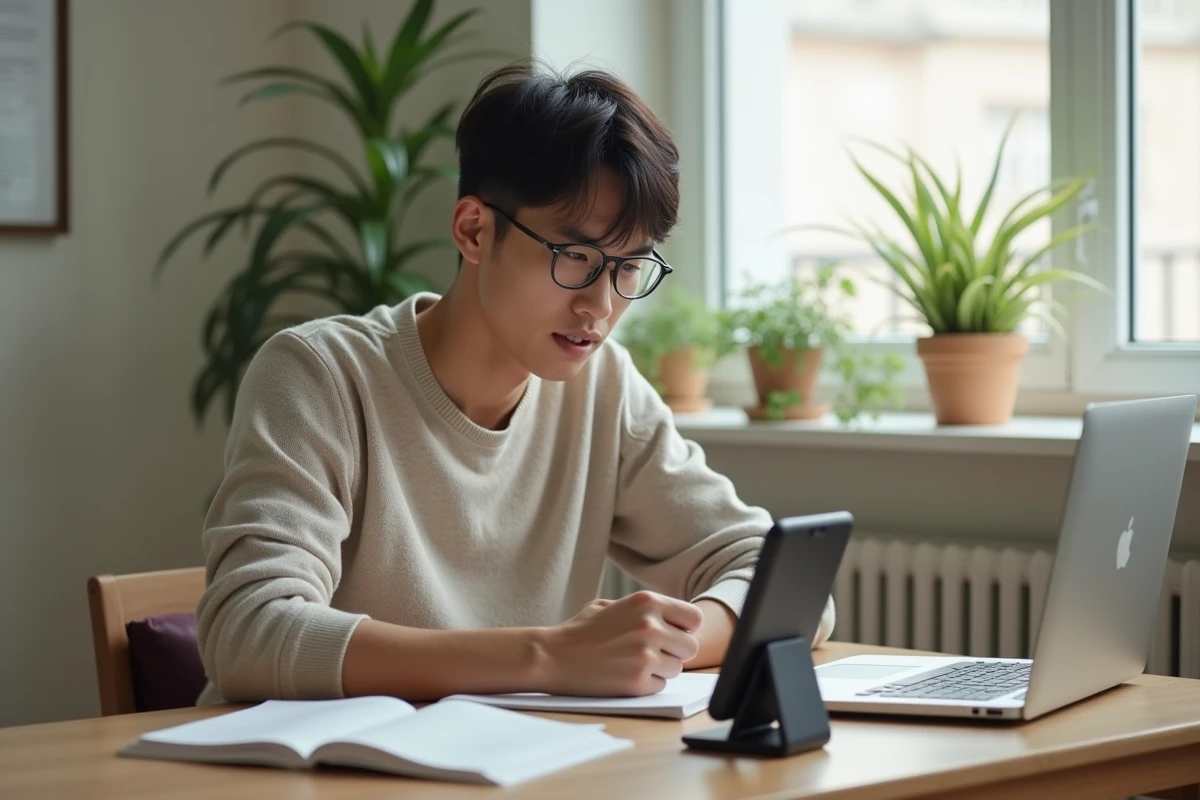 Jeune étudiant utilisant un smartphone dernier cri lors d'une session d'étude à domicile